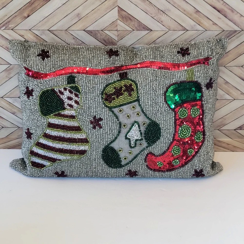 Set 2 Cynthia Rowley Holiday Beaded Embellished Throw Pillow Accent Christmas